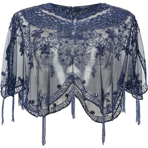 Womens Sequin Beaded Evening Cape Navy Blue